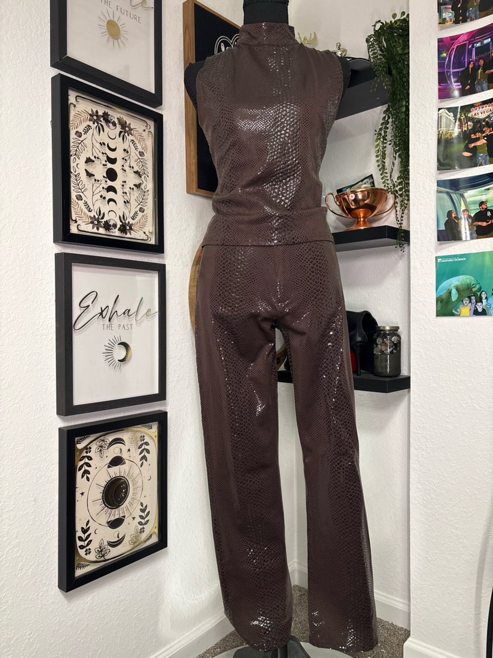 Vintage 90s Y2K Tark'1 Paris Brown Snakeskin Matching Set Top & Pants T4 / L